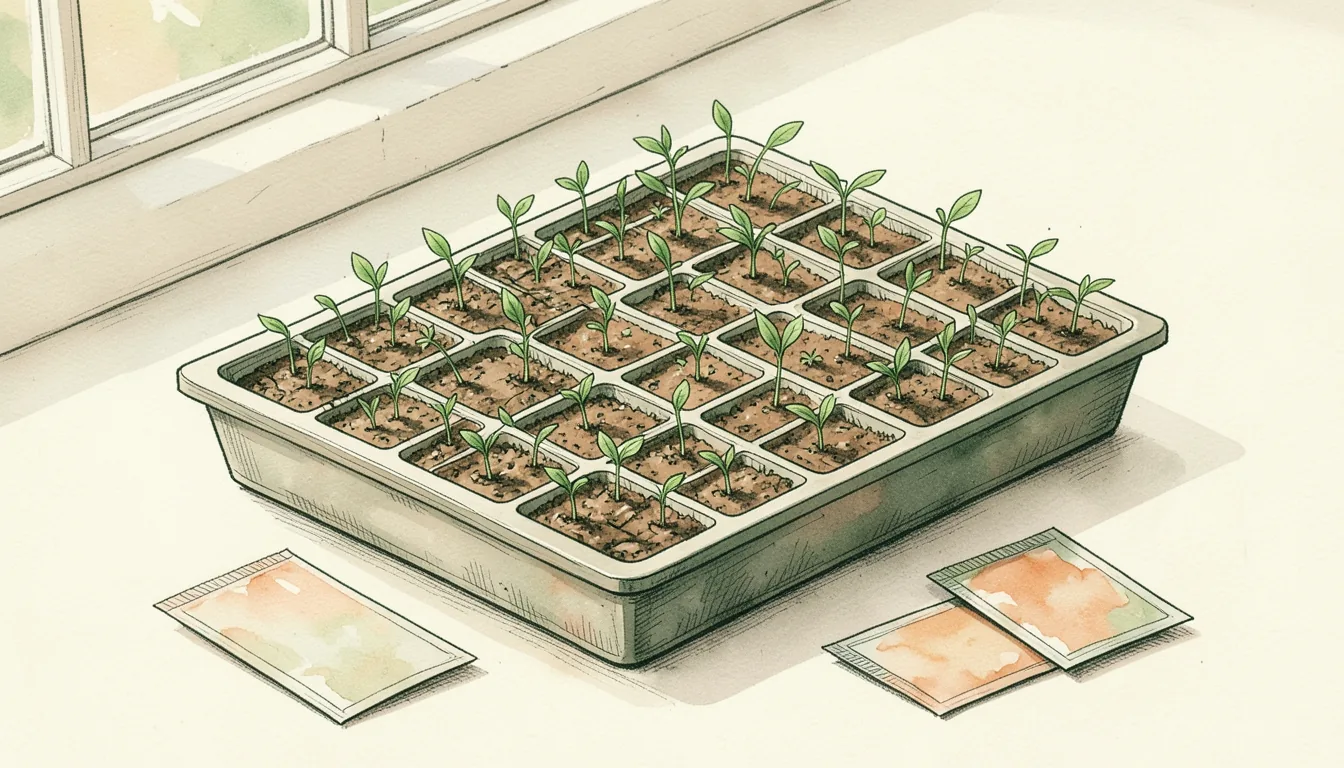 Illustration of a tray of young seedlings on a sunny windowsill