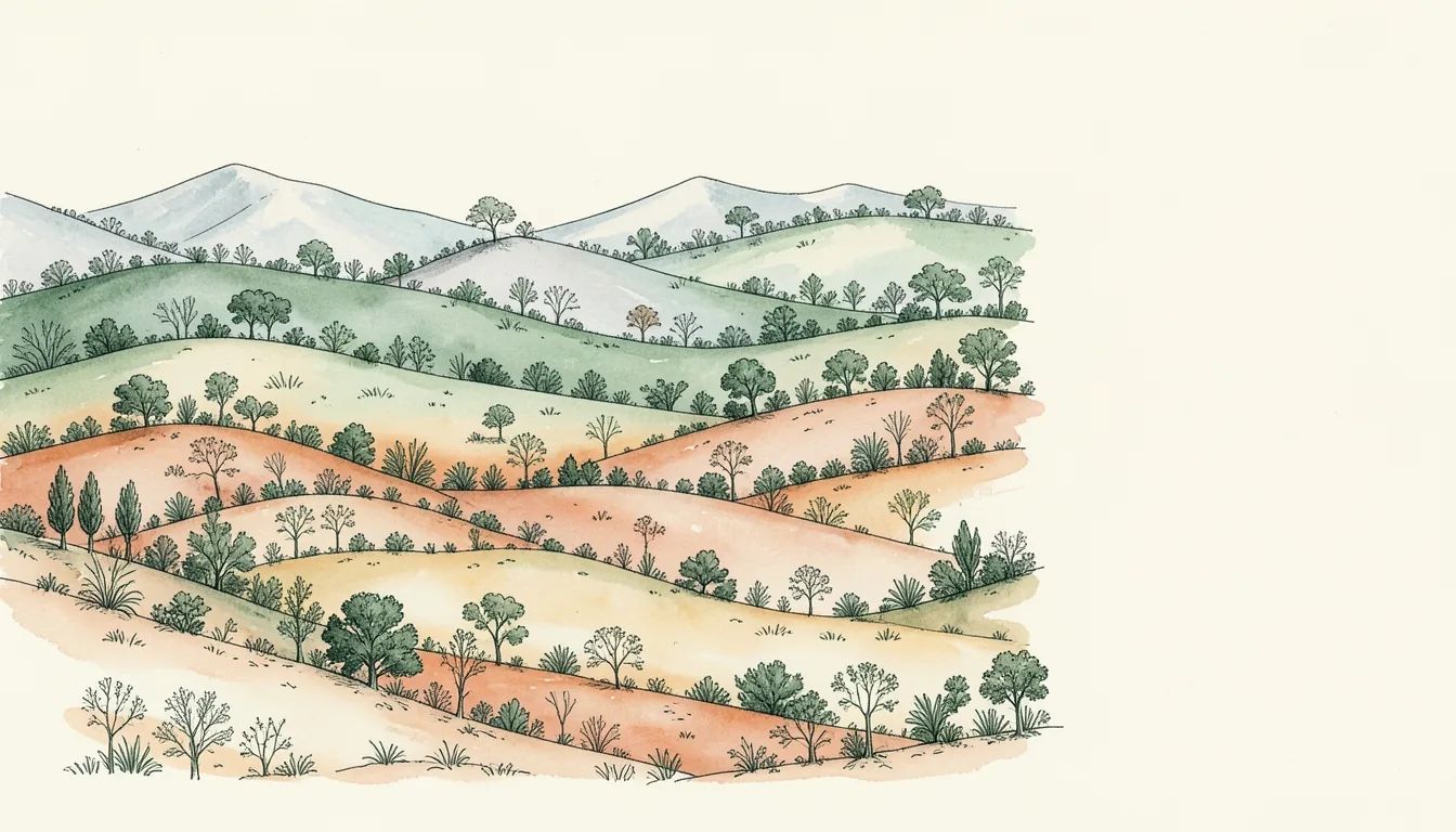 Illustration of a landscape in bands from frosty hills to a warm valley, with trees and shrubs in each band