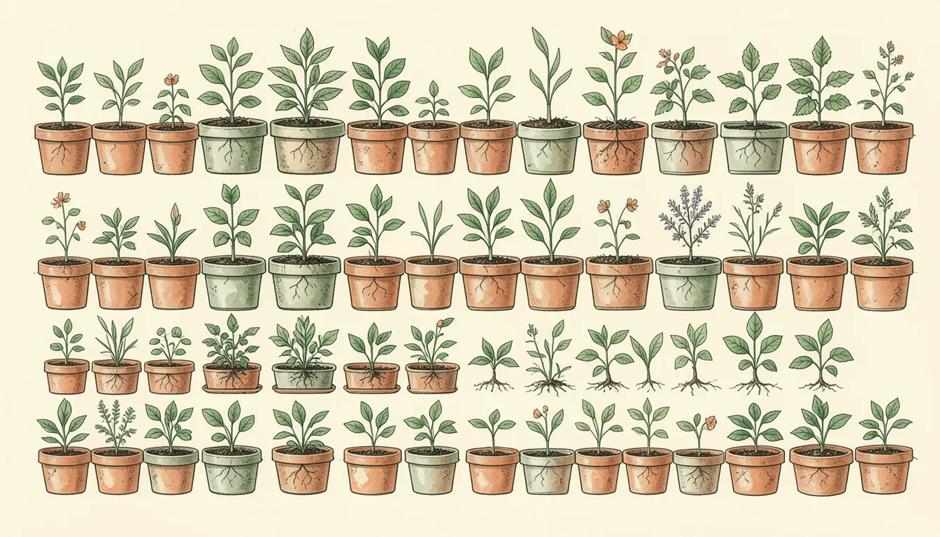Illustration of rows of seed trays and small pots with seedlings at different stages