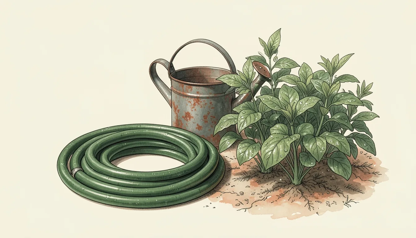 Illustration of a coiled garden hose and a watering can beside a vegetable bed